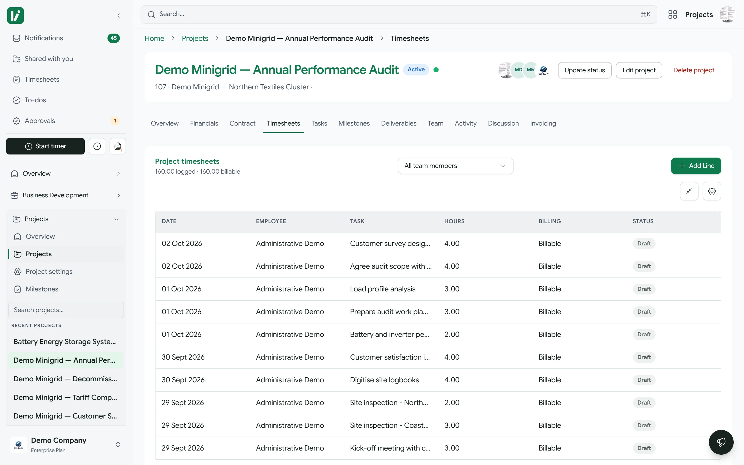 A Kora project timesheet for a demo project, listing dates, people, tasks, billable hours and draft status.