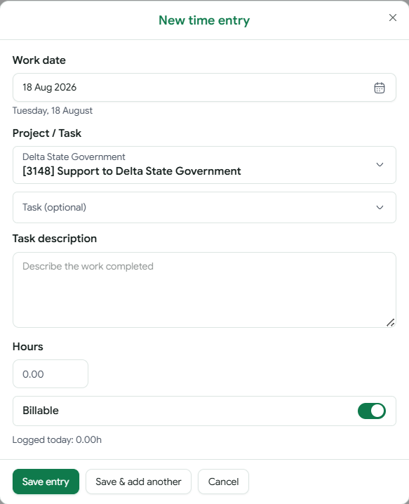 The Kora new time entry dialog, with work date, project, task description, and hours